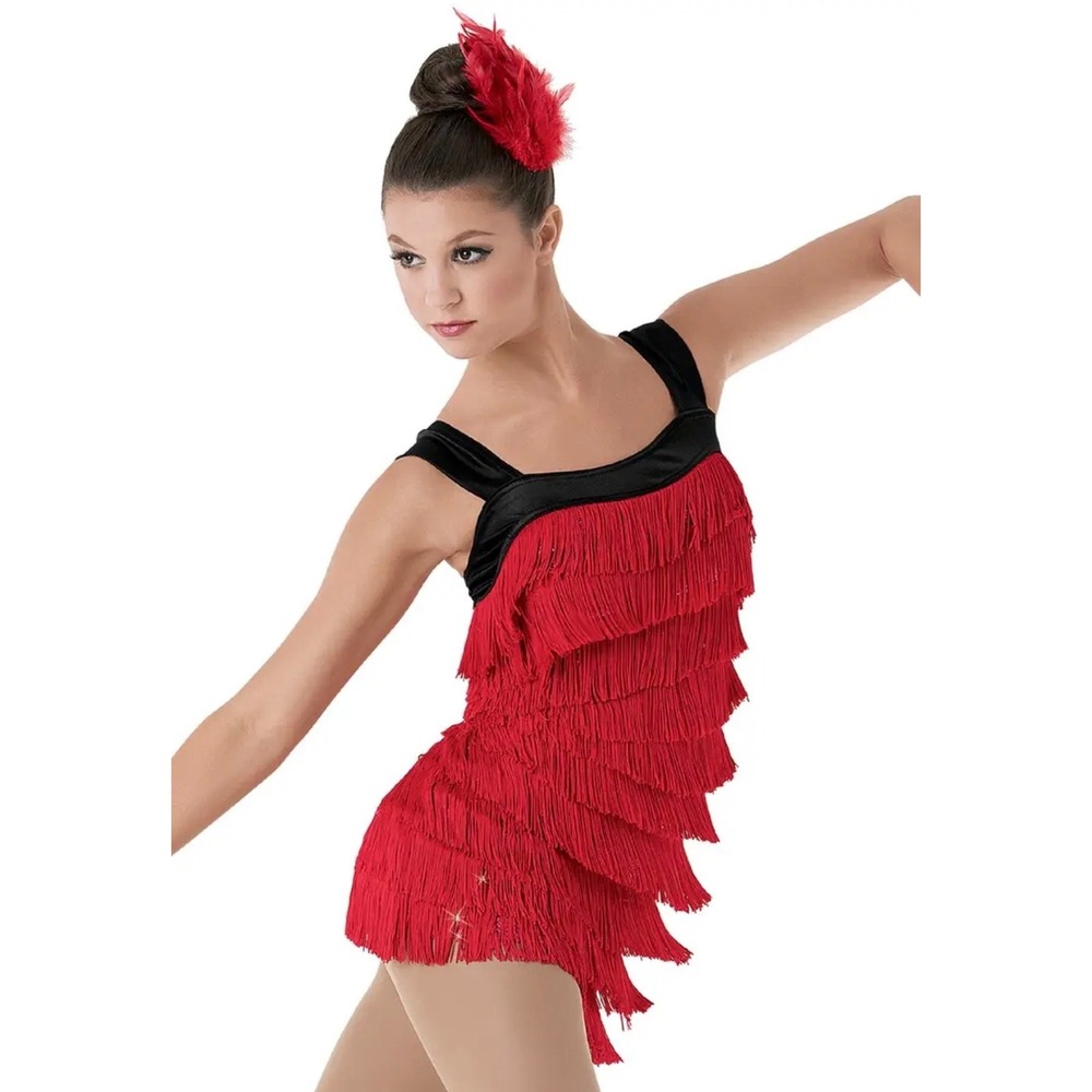 Weissman Dance Costume Dress Kids LC Red Nylon Spandex Fringe Sequin 8810